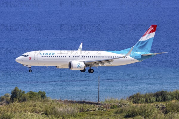 A Luxair Boeing 737 MAX 8 aircraft with registration LX-LBK at Rhodes Airport, Greece