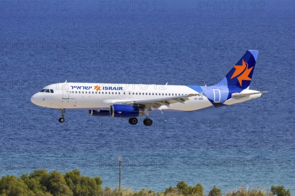 An Israir Airbus A320 aircraft with the registration 4X-ABX at Rhodes Airport, Greece