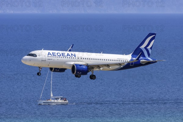 An Airbus A320neo aircraft of Aegean Airlines with the registration SX-NEM at Rhodes Airport, Greece