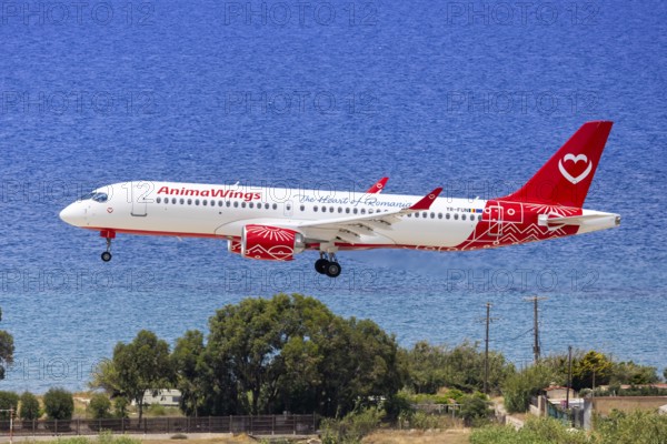 An AnimaWings Airbus A220-300 aircraft with the registration YR-FUN at Rhodes Airport, Greece