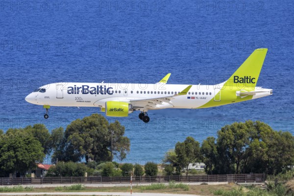 An Air Baltic Airbus A220-300 aircraft with the registration YL-AAU at Rhodes Airport, Greece