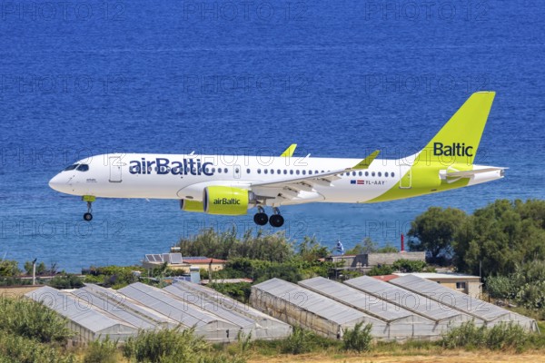 An Air Baltic Airbus A220-300 aircraft with the registration YL-AAY at Rhodes Airport, Greece