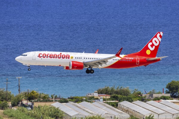 A Boeing 737 MAX 9 aircraft of Corendon with the registration PH-CDP at Rhodes Airport, Greece