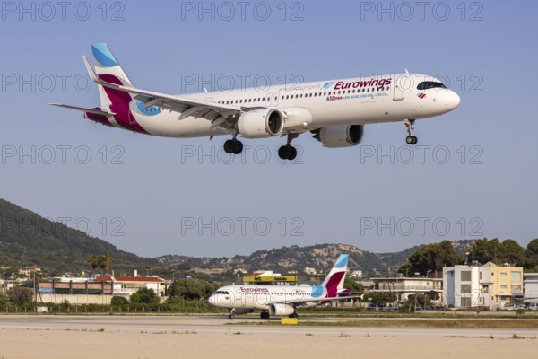 A Eurowings Airbus A321neo aircraft with the registration D-AEEB at Rhodes Airport, Greece