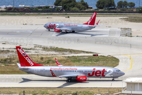 A Boeing 737-800 Jet2 aircraft with the registration G-JZHB at Rhodes Airport, Greece