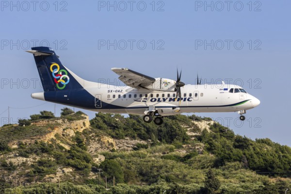An ATR 42-600 aircraft of Olympic Air with the registration SX-OAZ at Rhodes Airport, Greece