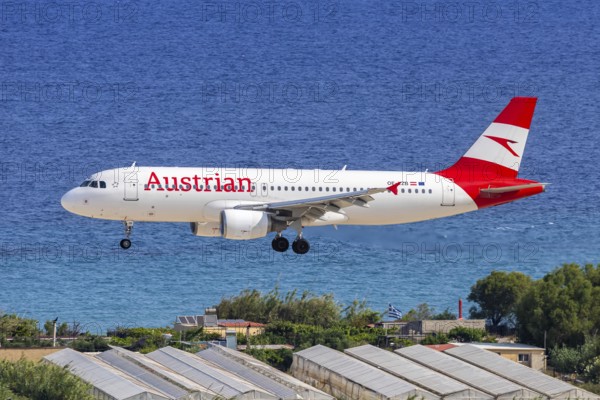 An Austrian Airlines Airbus A320 aircraft with the registration number OE-LZB at Rhodes Airport, Greece