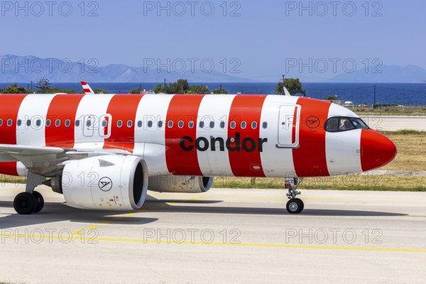 A Condor Airbus A320neo aircraft with the registration D-ANCZ at Rhodes Airport, Greece