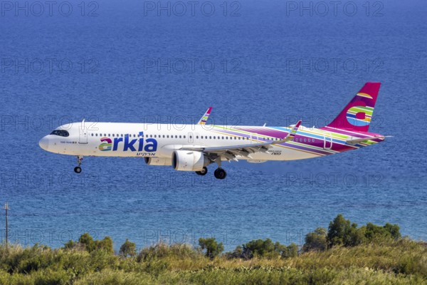 An Arkia Airbus A321LR aircraft with the registration number 4X-AGH at Rhodes Airport, Greece