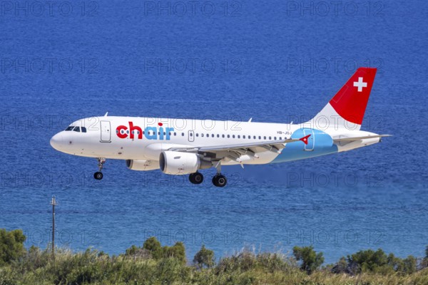 A Chair Airbus A319 aircraft with the registration HB-JOJ at Rhodes Airport, Greece