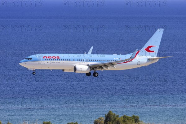A Boeing 737-800 aircraft of Neos with the registration number EI-HIL at Rhodes Airport, Greece