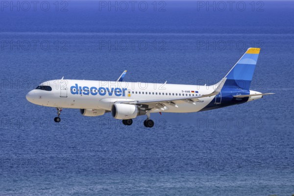 An Airbus A320 aircraft of Discover Airlines with the registration D-AIWB at Rhodes Airport, Greece