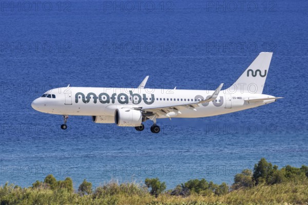 A Marabou Stork Airbus A320neo aircraft with the registration number ES-MBD at Rhodes Airport, Greece