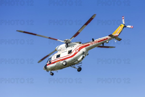 Poland Air Force PZL-Swidnik W3 Sokol military helicopter with licence plate 1018 at the airport in Warsaw, Poland