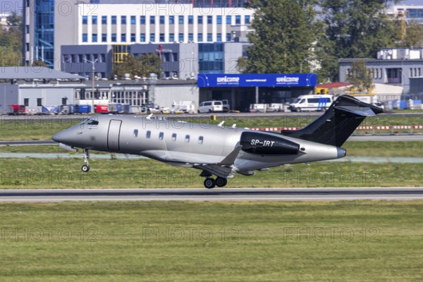 A Bombardier Challenger 3500 Jet Story aircraft with the registration number SP-IRT at the airport in Warsaw, Poland