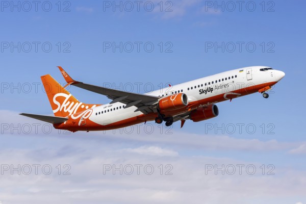 A Boeing 737-800 aircraft of SkyUp Airlines with the registration UR-SQF at Palma de Majorca Airport, Spain