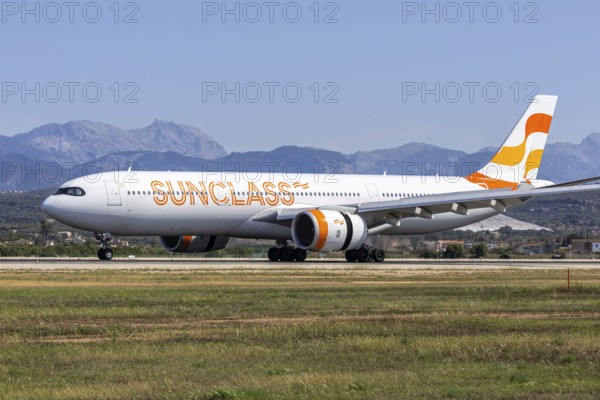 A Sunclass Airlines Airbus A330-900 aircraft with the registration number OY-VKP at Palma de Majorca Airport, Spain