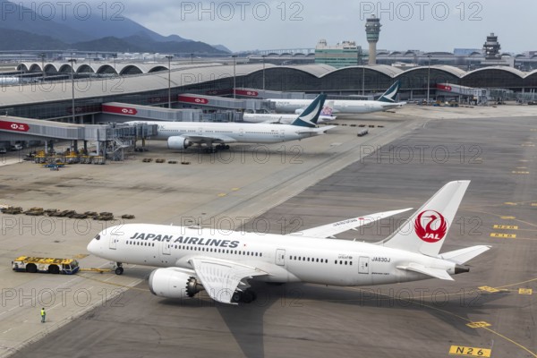 A Boeing 787-8 Dreamliner aircraft of Japan Airlines with the registration JA830J at Chek Lap Kok Airport (HKG) in Hong Kong, China