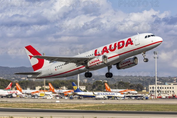 A Lauda Europe Airbus A320 aircraft with the registration 9H-LMB at Palma de Majorca Airport, Spain