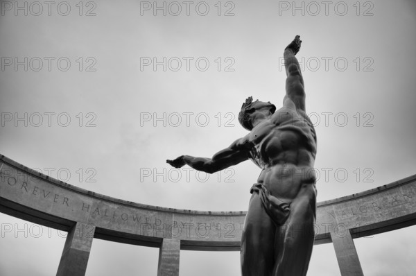 Bronze statue The Spirit of American Youth Rising from the Waves by Donald De Lue Military Cemetery, Normandy American Cemetery and Memorial, Omaha Beach, D-Day, Operation Overlord, Saint-Laurent-sur-Mer near Colleville-sur-Mer, black and white, Normandy, Calvados, France