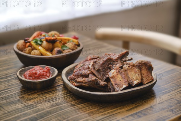 Tender roasted short beef ribs on a wooden table alongside a bowl of colorful roasted vegetables and a small dish of salsa. A cozy indoor atmosphere enhances the meal's appeal