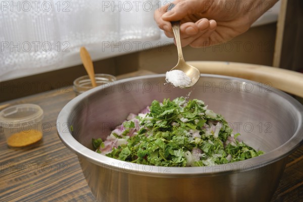 A hand adds salt to a bowl filled with minced meat, chopped onions and fresh herbs. The kitchen is bright, with sunlight streaming through the window, creating a warm atmosphere for cooking