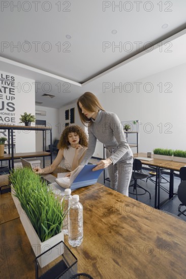 Two women engage in a productive discussion about a project in a contemporary office space dedicated to women's health. They review documents while surrounded by greenery and minimalist decor