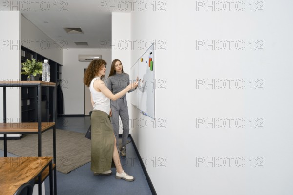Two women actively brainstorm and discuss ideas for a women's health startup in a modern office. The room is bright and features a whiteboard filled with colorful notes and diagrams