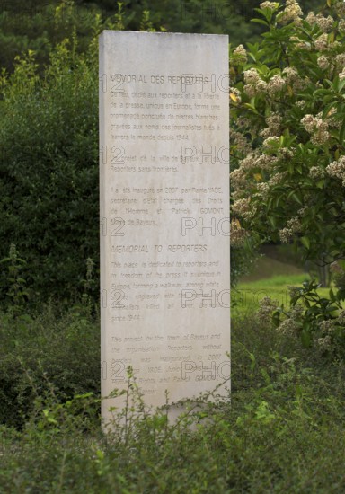 Stelae at the Mémorial des Réporters, memorial to the freedom of the press, memorial to journalists and photographers killed in the line of duty, Bayeux, Normandy, Calvados, France