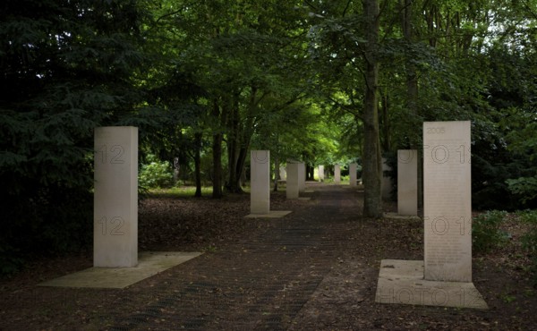 Stelae at the Mémorial des Réporters, memorial to the freedom of the press, memorial to journalists and photographers killed in the line of duty, Bayeux, Normandy, Calvados, France