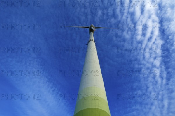 Wind turbine with small fleecy clouds (cirrocumulus) in the sky, Karsberg, Upper Franconia, Bavaria, Germany