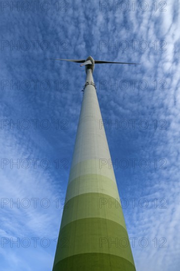 Wind turbine with small fleecy clouds (cirrocumulus) in the sky, Karsberg, Upper Franconia, Bavaria, Germany