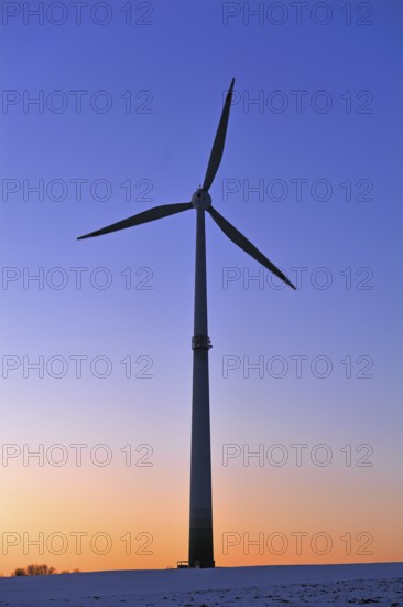 Wind turbine against the wintry evening sky, Karsberg, Upper Franconia, Bavaria, Germany, Europe, PublicGround