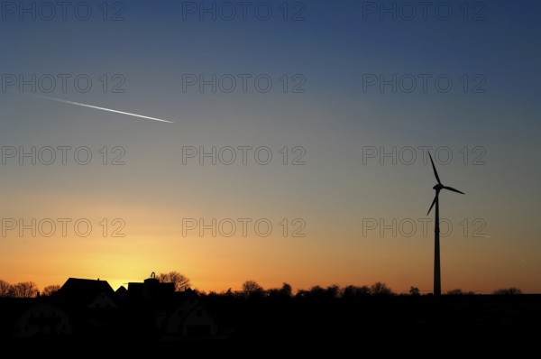 Wind turbine with sunset, Karsberg, Upper Franconia, Bavaria, Germany