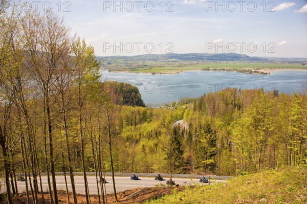 Morradfahrer on the Kesselbergstraße around the Lake Kochel, now closed to bikers due to danger, Upper Bavaria, Bavaria