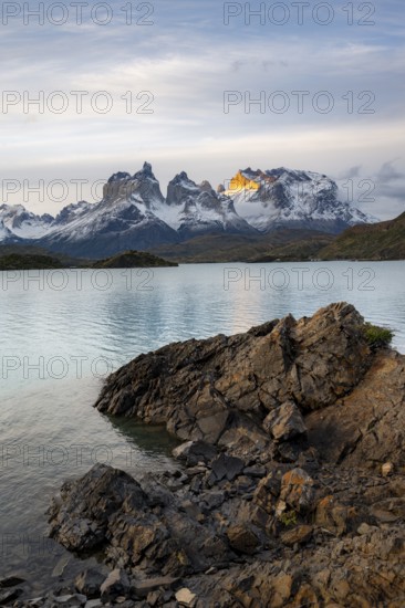 Cuernos del Paine mountain range at sunset, shore of Lago Pehoe, Torres del Paine National Park, Chile