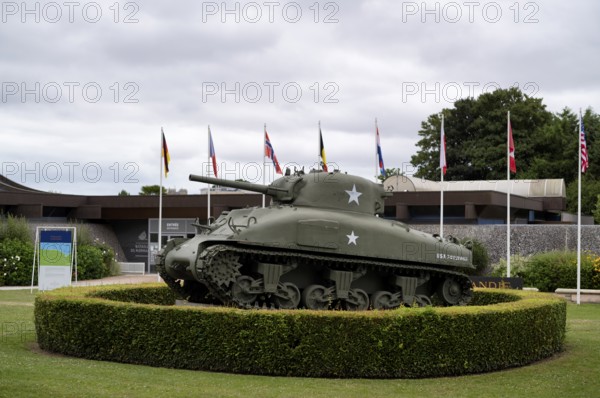 Sherman tank of the US Army is on display in front of the museum, Musée memorial 1944 de la Bataille de Normandie, D-Day, Operation Overlord, Bayeux, Normandy, Calvados, France