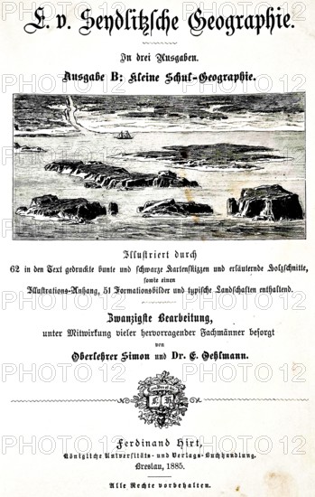 F.v. Seydlitzsche Geographie, geography textbook by Ferdinand Hirt Verlag, Königliche Universitäts- und Verlags, Buchhandlung, Breslau 1885, title, illustration, historical view