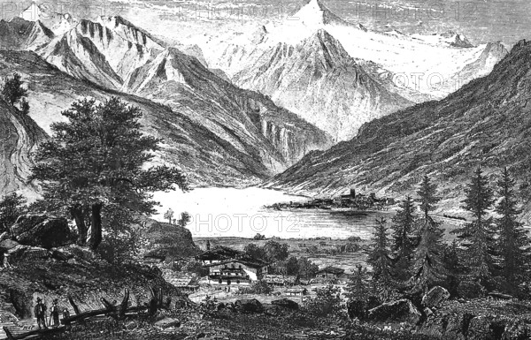 Alpine panorama with Zell am See, high mountains, Alps, glacier, snow, house with balconies, conifers, deciduous trees, idyll, Hohe Tauern National Park, Austria, historical view, Seydlitz Geography 1885