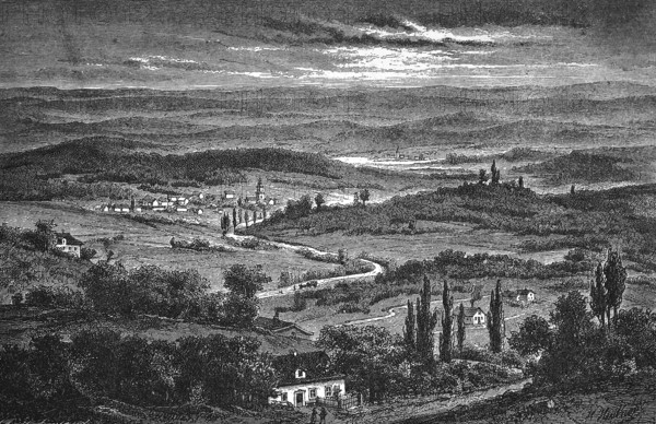 Hilly landscape near Arnstadt, forest, sandy road with horse-drawn carriage, village with church, mountain and valley, idyll, cloudy sky, Thuringia, historical view, Germany, Seydlitz Geography 1885