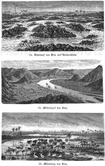 The Nile, river landscape upper course with cataracts, middle course through oases, mountain landscape, dhow boats, water landscape of the delta mouth with pelicans and flamingos, palm trees, Egypt, historical views, Seydlitz Geography 1885