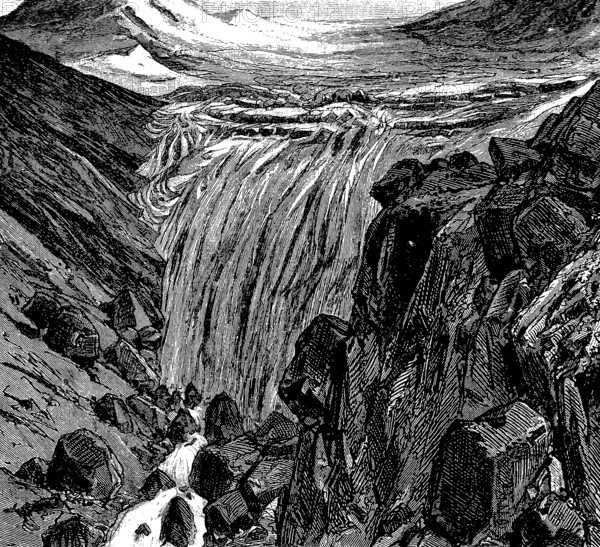 Rhine spring originates from an Alpine glacier, rocky mountain landscape, glacier melt, glacier river, climate change, snow, ice, Canton of Grisons, Switzerland, historical view, Seydlitz Geography 1885