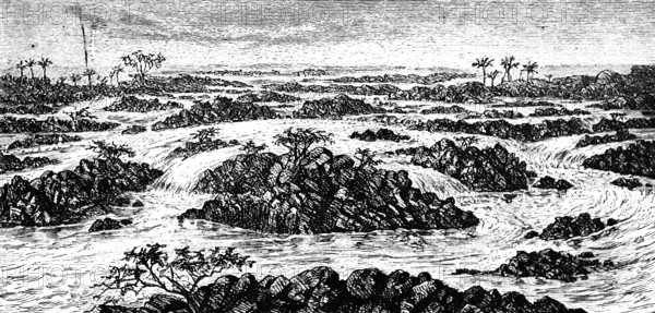 Upper course of the Nile with cataracts, rapids, waterfalls, islands, river landscape, geology, current, rocks, palm trees, historical view, Seydlitz geography 1885