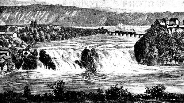 Rhine Falls near Schaffhausen, cascades, border area, bridge, rocky islands, mountain landscape, Laufen Castle, Switzerland, historical view, Seydlitz Geography 1885