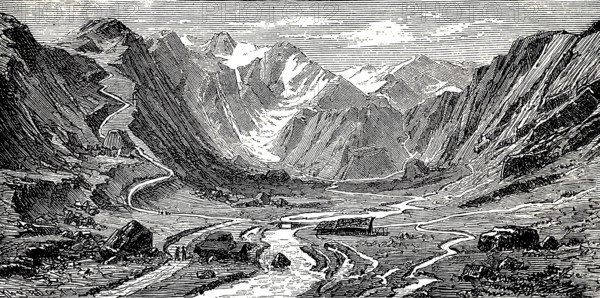 Pinzgau with high mountain valley, river course, agricultural farms, pass roads, snow-covered mountain landscape, Hohe Tauern, idyll, Austria, historical view, Seydlitz Geography 1885