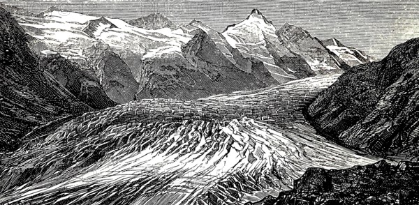 Pasterze on the Grossglockner, snow, ice, climate, climate change, glacier melt, glacier river, historical view, Austria, Seydlitz Geography 1885