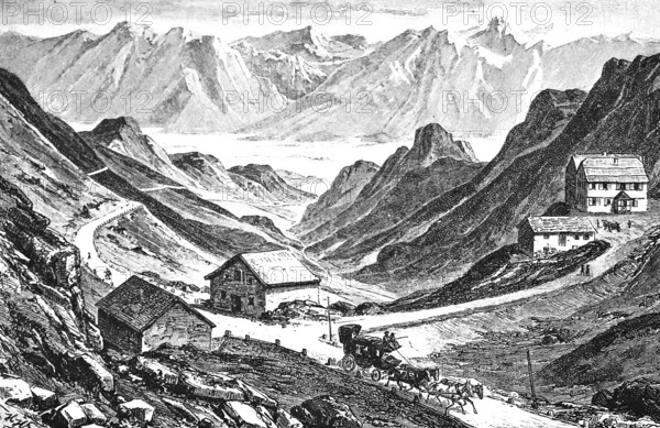 Furka Pass, pass summit 2429 m above sea level, four-horse stagecoach, valley, rocks, barren mountain landscape, buildings, geology, historical view, Canton Uri, Switzerland, Seydlitz Geography 1885