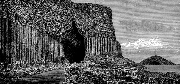 Fingals Cave, Fingals Cave on Staffa, basalt cave, basalt columns, geology, Tertiary period, island in the Atlantic, Inner Hebrides, Felix Mendelssohn Bartholdy's Hebrides Overture, Scotland, historical view, Seydlitz Geography 1885