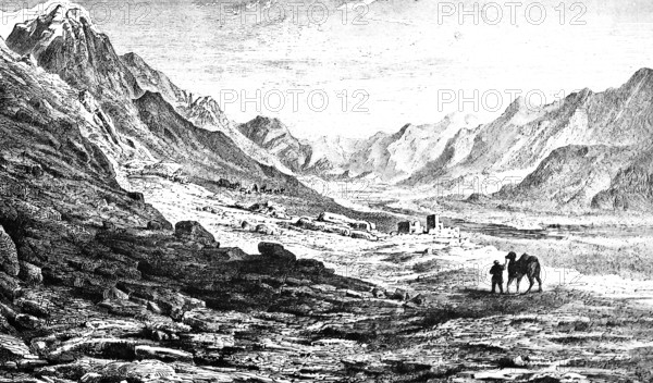 Barren mountain landscape in Turkistan, valley, scree, rocks, man leading camel, house, solitude, region in Central Asia, historical view, Seydlitz Geography 1885