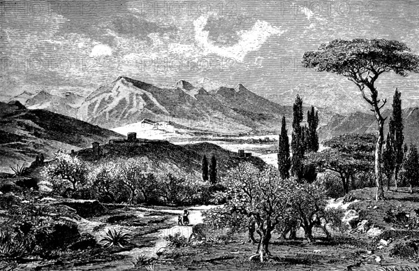 Mid-mountain landscape of the Apennines near Perugia, alpine mountain system, cypresses, olive trees, Algarve, sandy path, mother with child, beautiful landscape, idyll, popular holiday destination, Italy, historical view, Seydlitz Geography 1885
